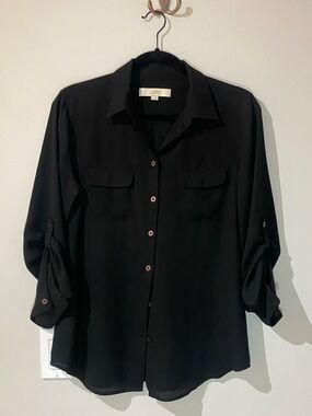 LOFT Black Button-Down Shirt with Adjustable Sleeves